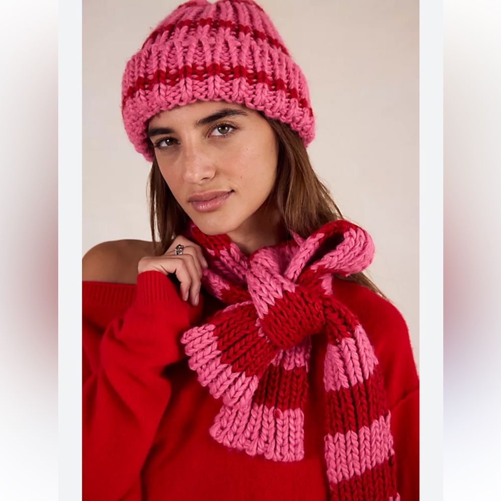 Free people tacita scarf and beanie combo set pink red stripe NWT